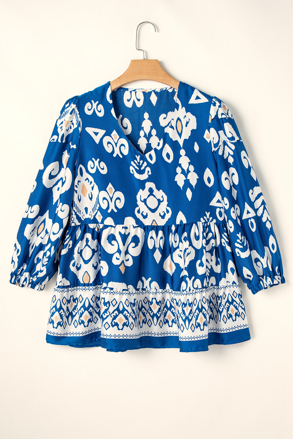 Blue Tribal Geometric Print 3/4 Ärmeln fließende Fitbluse