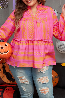 Vitality Orange - Plus Size Geometric Print Bell Sleeve Babydoll Blouse