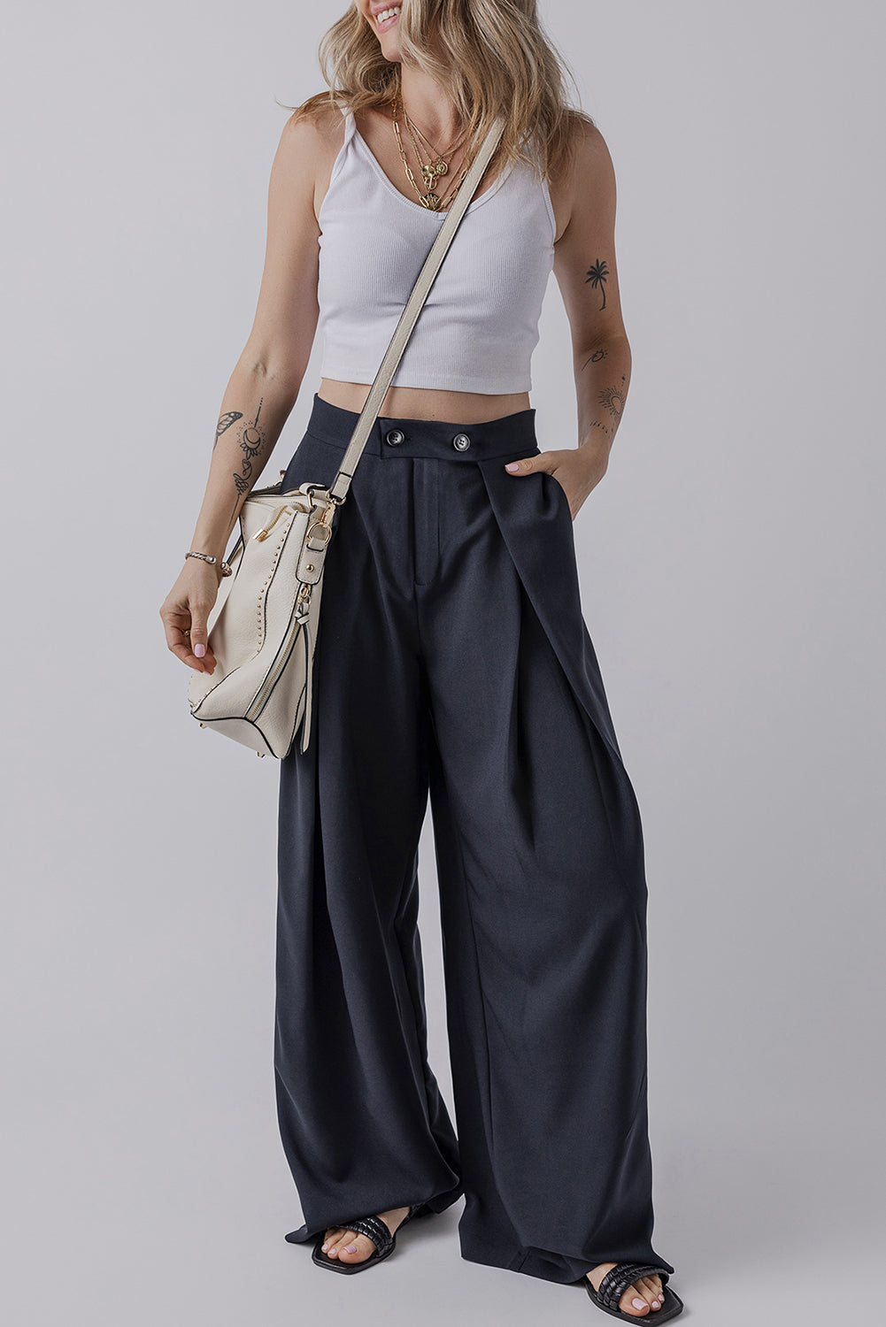 Dirty Blue Double Button High Waist Pleated Wide Leg Pants