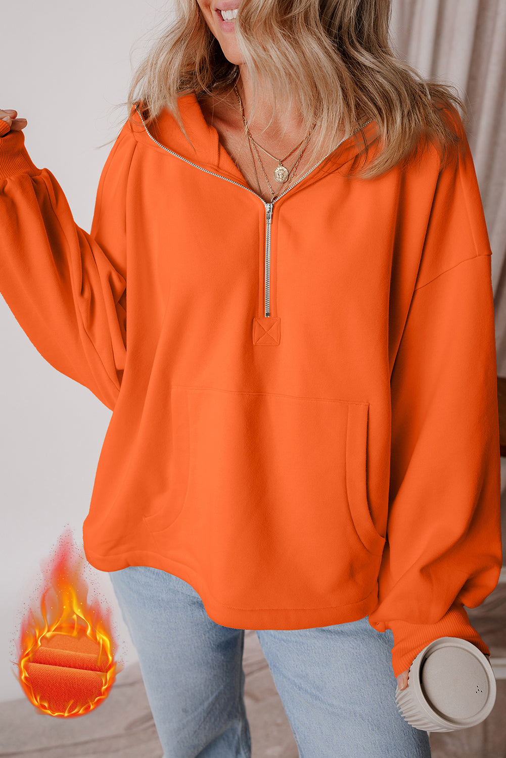 Orange full hooded sweatshirt with kangaroo pockets and semi-ferms flash doubled with fleece