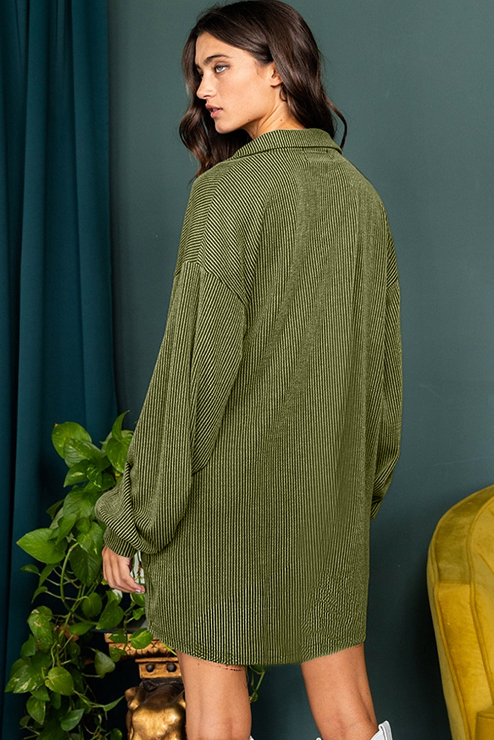 Moss Green Corded Buttons Placket Drop Shoulder Collared Shift Dress