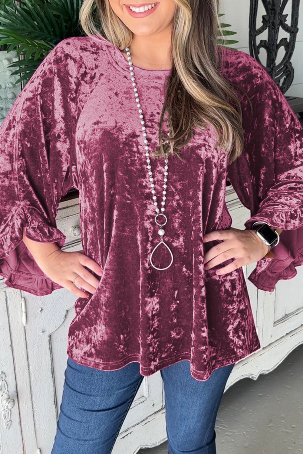 Dahlia Red Velvet Pagoda Sleeve Crew Neck Top