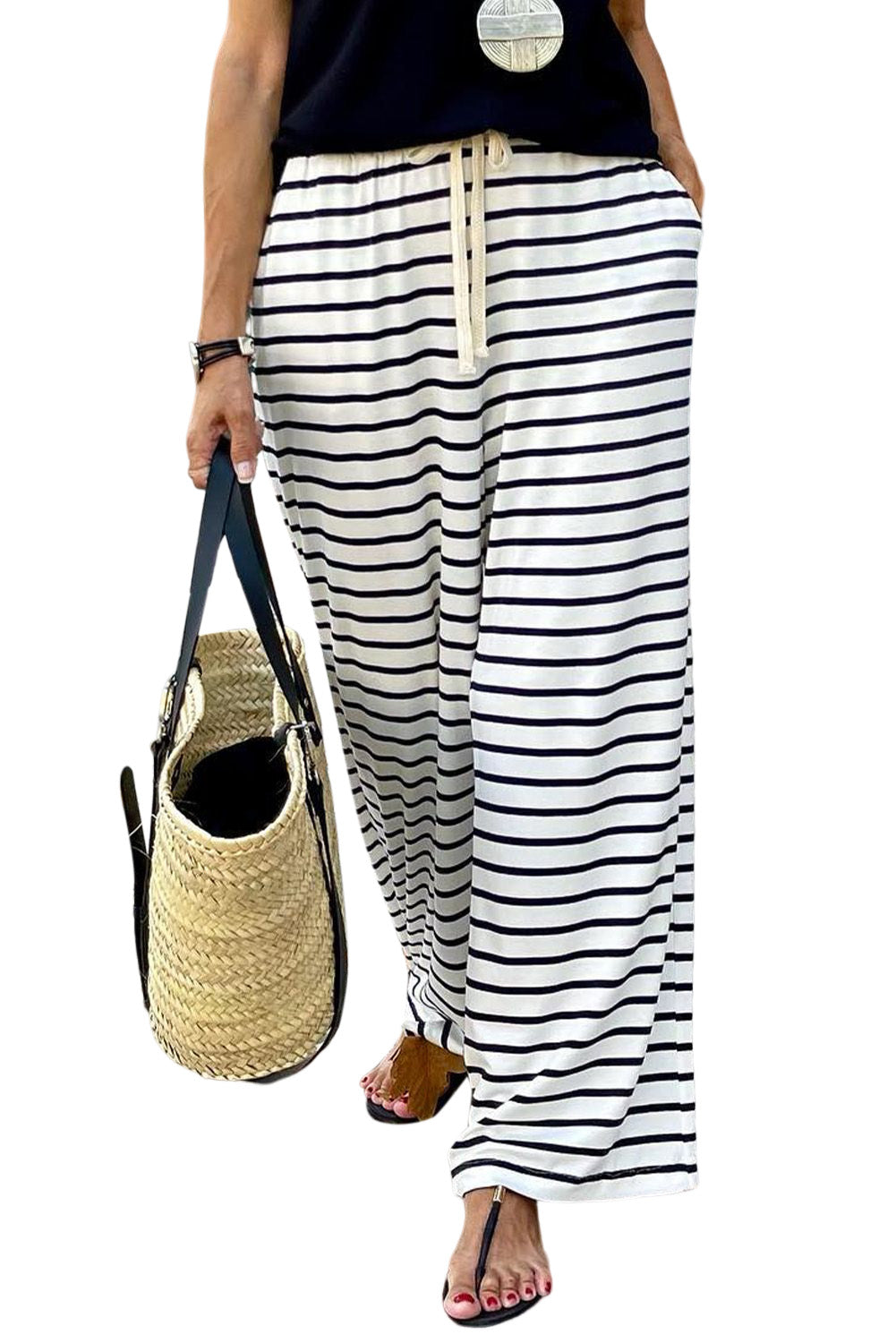 White striped wide leg pants with drawstring