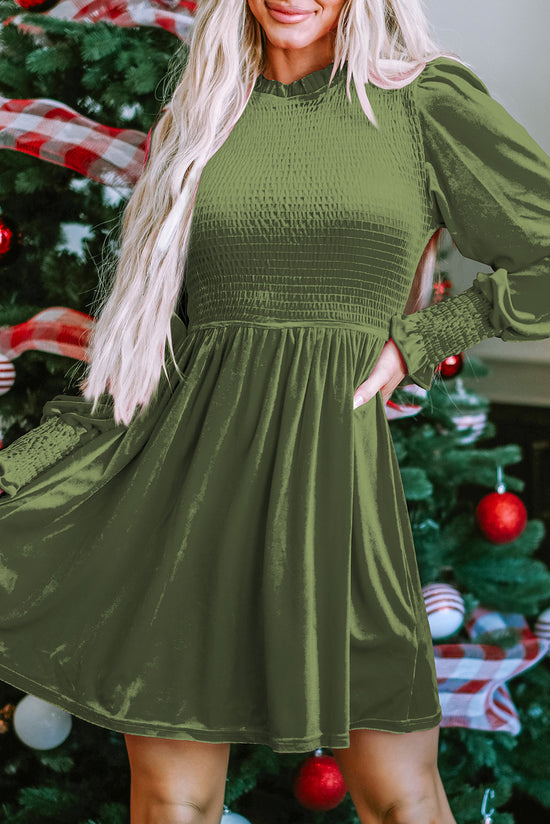 Moss Green Velvet Dress with Smocked Bodice and Ruffled Collar