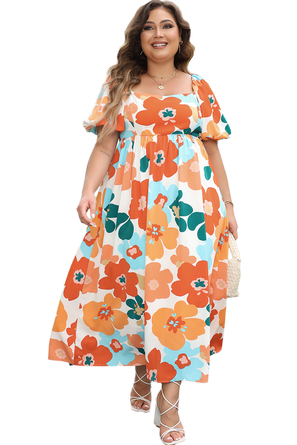 Robe longue orange à imprimé floral froncé de grande taille à col carré