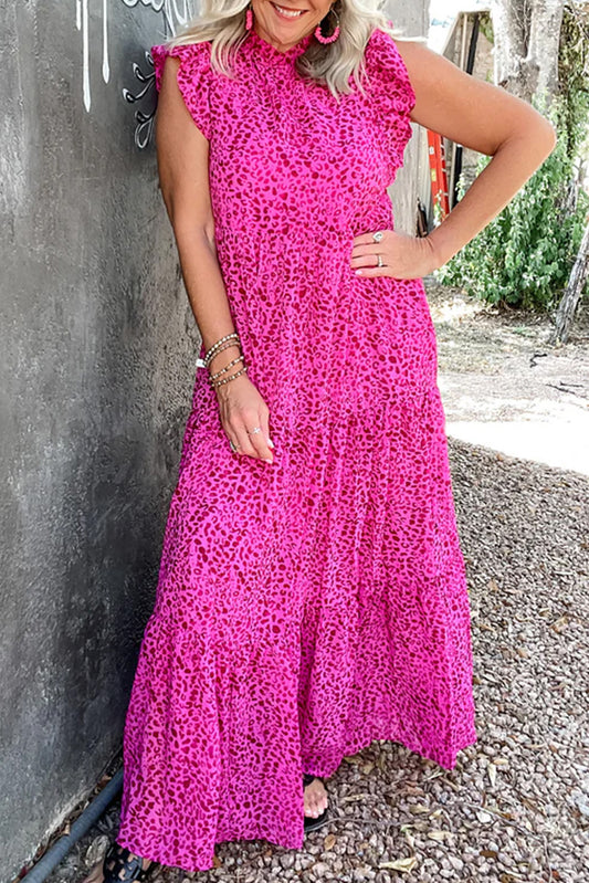 Vestido maxi de rubor con estampado de leopardo rosa rojo