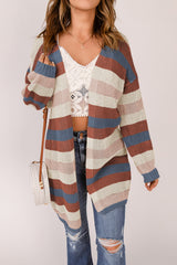 Cardigan en tricot évidé à rayures bleues et blocs de couleurs-A WOMAN WE LOVE