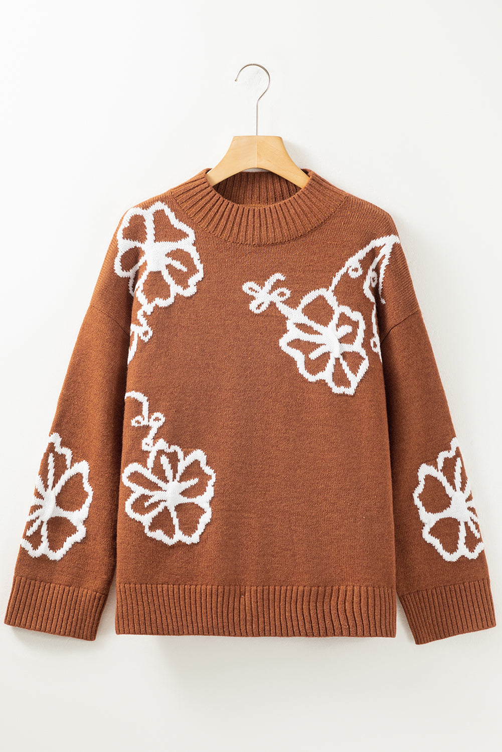 Chestnut floral print ribbed knit sweater