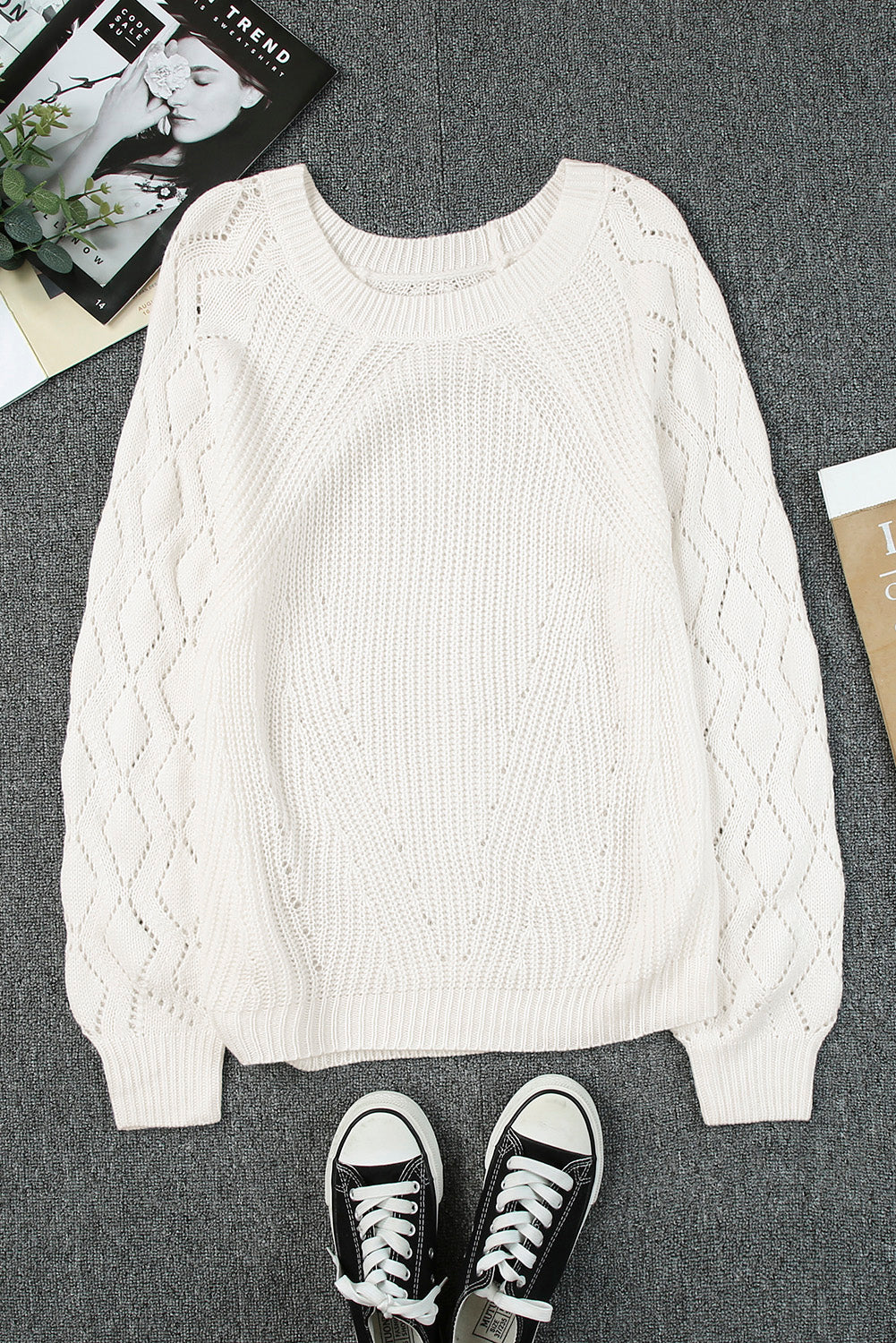 White Hollow-out Puffy Sleeve Knit Sweater