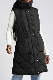 Black long quilted down jacket with high collar