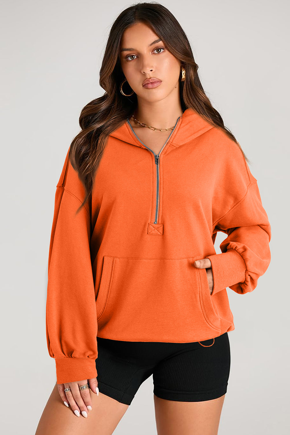 Orange massiver Känguroo -Tasche halb Reißverschluss übergroßer Hoodie