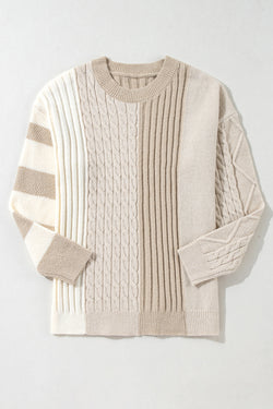 Khaki Pull in twitched knit color block with round neck and falling shoulders