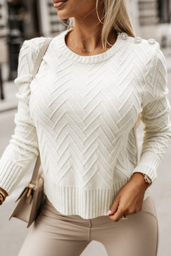 White textured knit sweater with decorative buttons