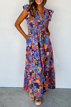 Vestido floral bohemio largo en V -neck y volantes en varios niveles de azul oscuro