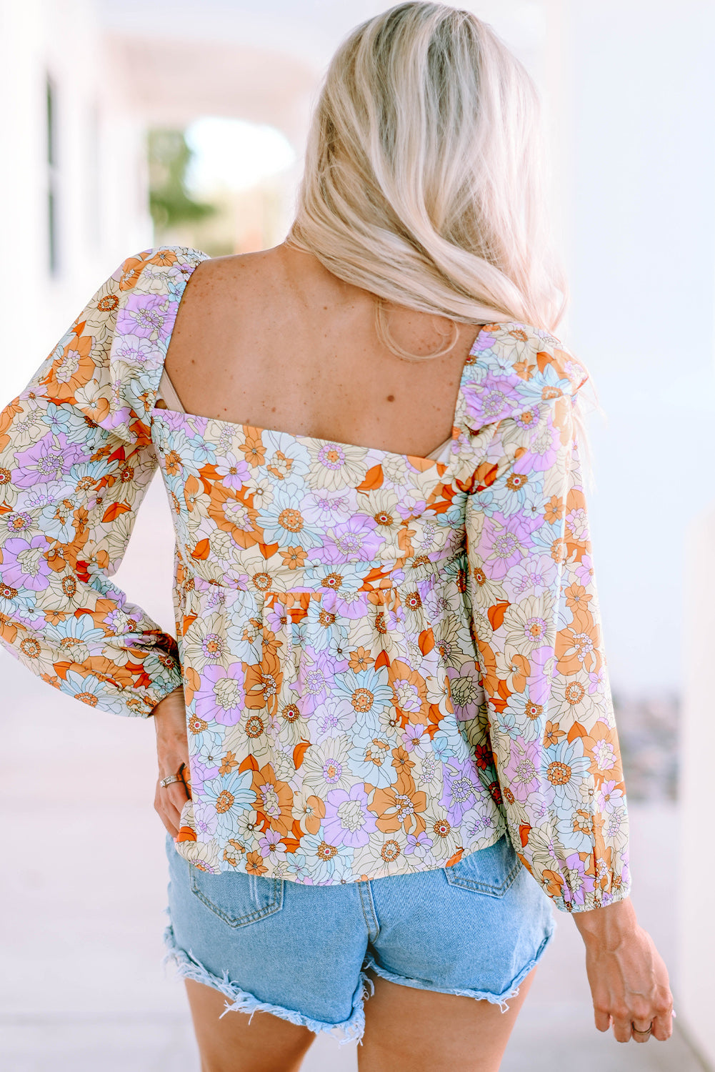 Multicolor Floral Square Neck Puff Sleeve Babydoll Blouse