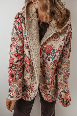 Chaqueta con capucha beige forrada en Sherpa Vintage Floral Print Paisley