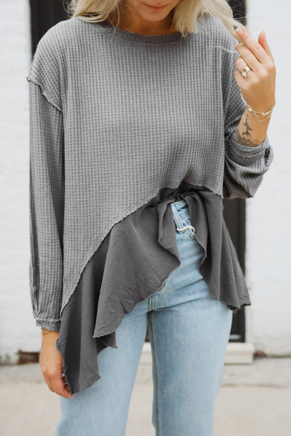 Medium Grey Waffle Long Sleeve Ruffled Patchwork Top