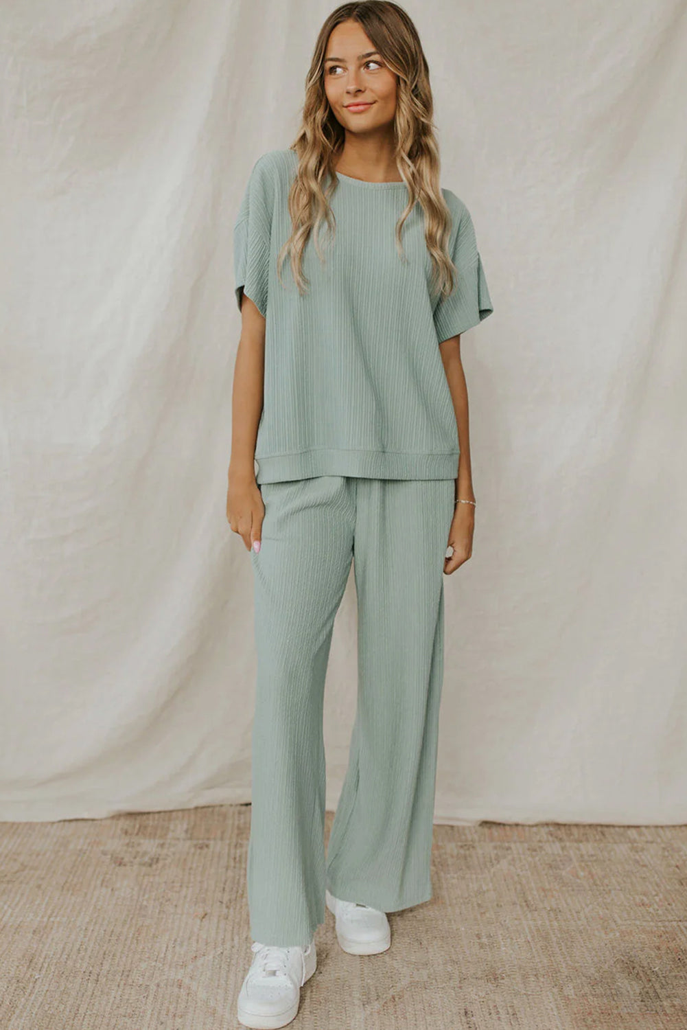 Moonlight Jade Textured Tee and Pants Lounge Set