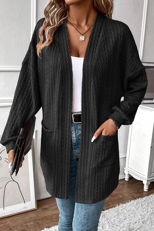 Black open front cardigan with side pockets in textured knit