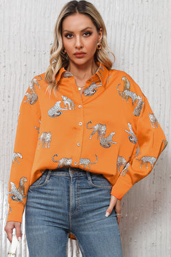 Shirt buttoned in satin with Russet Orange Guépard Print Print