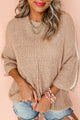 Round neck sweater and 3/4 sleeves with light beige contrast stripes