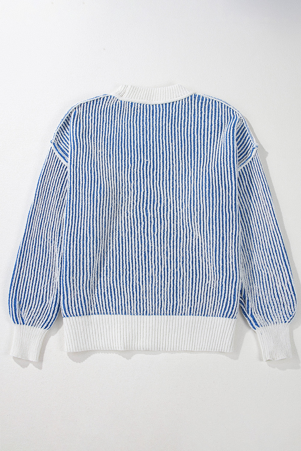 Dark blue striped textured knit loose sweater with contrasting edges