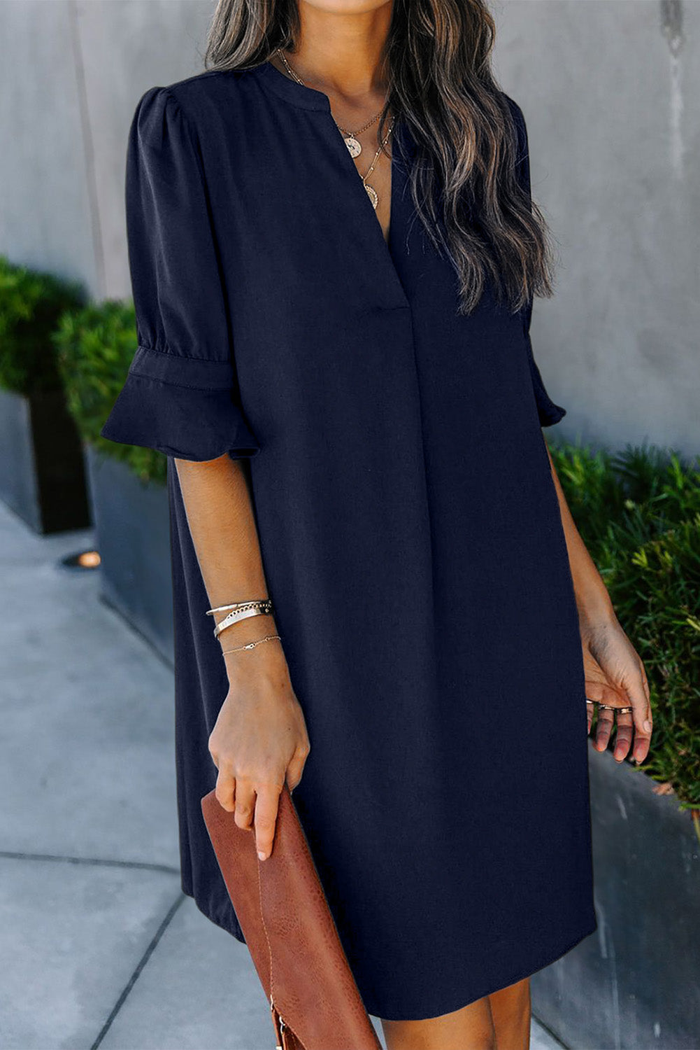 Blue straight dress with ruffled sleeves