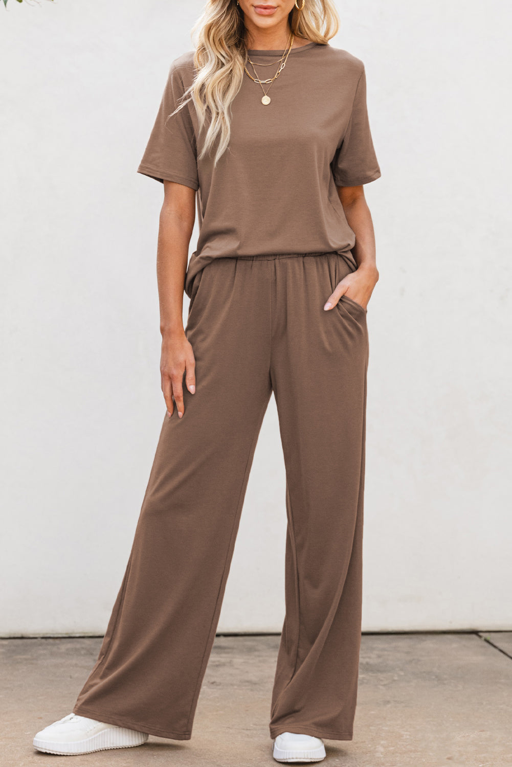 Smoke Gray Solid Color T-Shirt and Wide Leg Pants 2 Piece Set