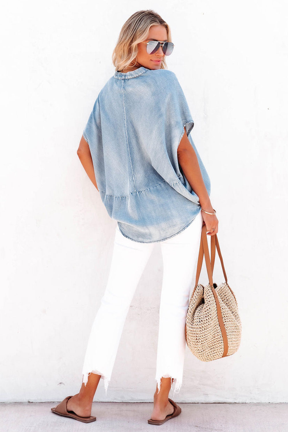 Camiceuga in denim oversize a v al collo a blu cielo