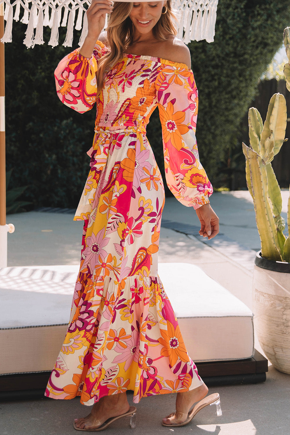 Multicolour boho floral smocké de la manche bouffée de l'épaule robe maxi