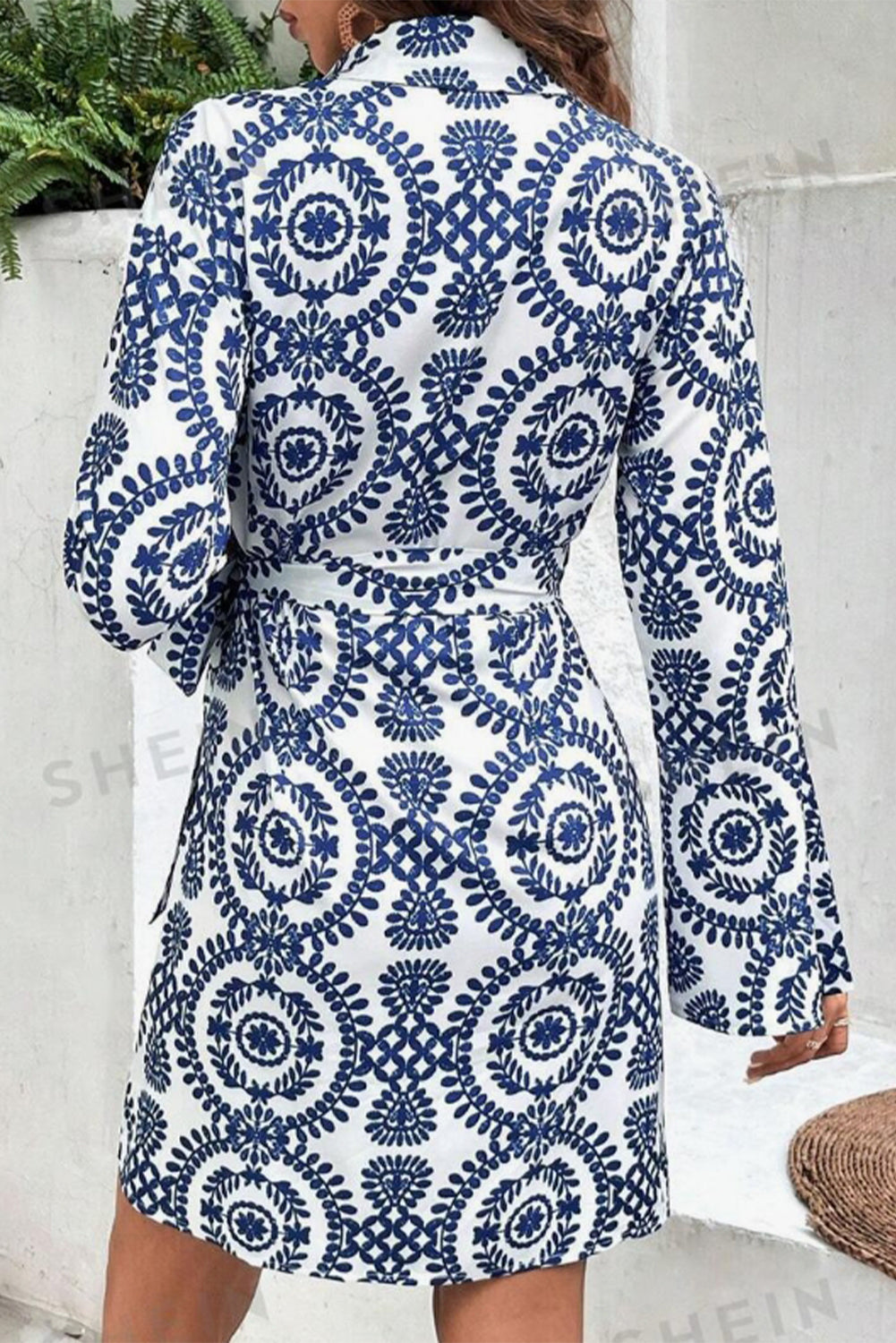 Blue Floral Print V-Neck Long Sleeve Wrapped Bow Dress