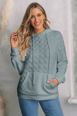 Light Grey Quilted Drop Shoulder Patchwork Kangaroo Pocket Hoodie