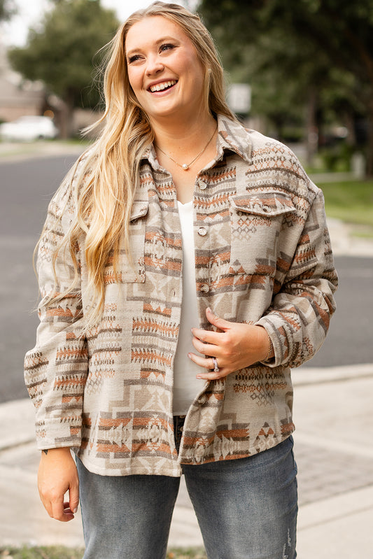 White Aztec Geometric Print Jacket with Pockets Plus Size