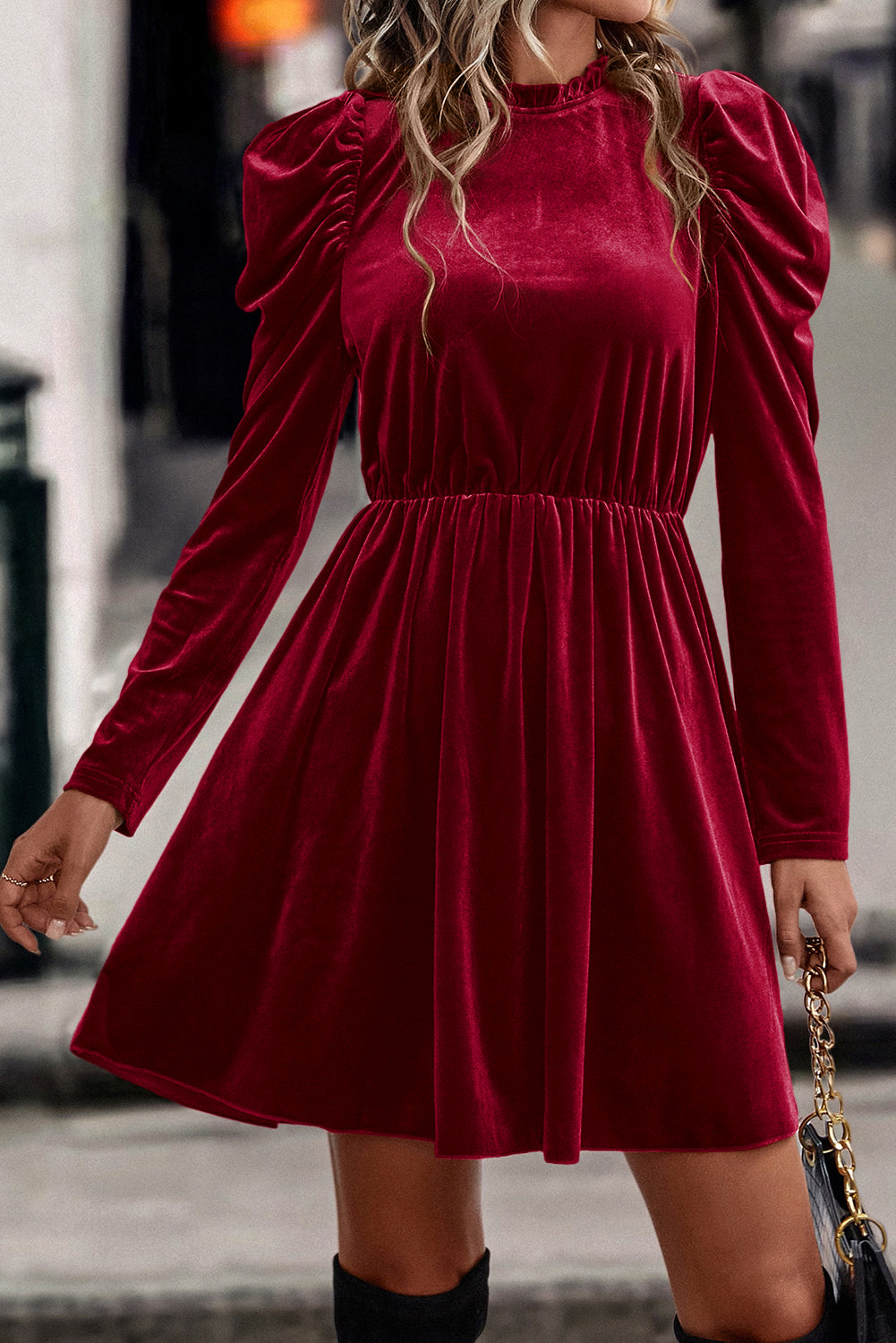 Dahlia red velvet trapeze dress with ruffled collar and Gigot sleeves