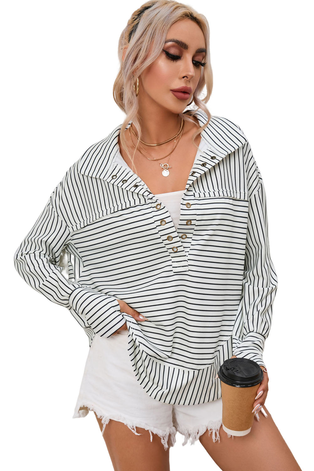 White Striped Thumbhole Drop Shoulder V Neck Top