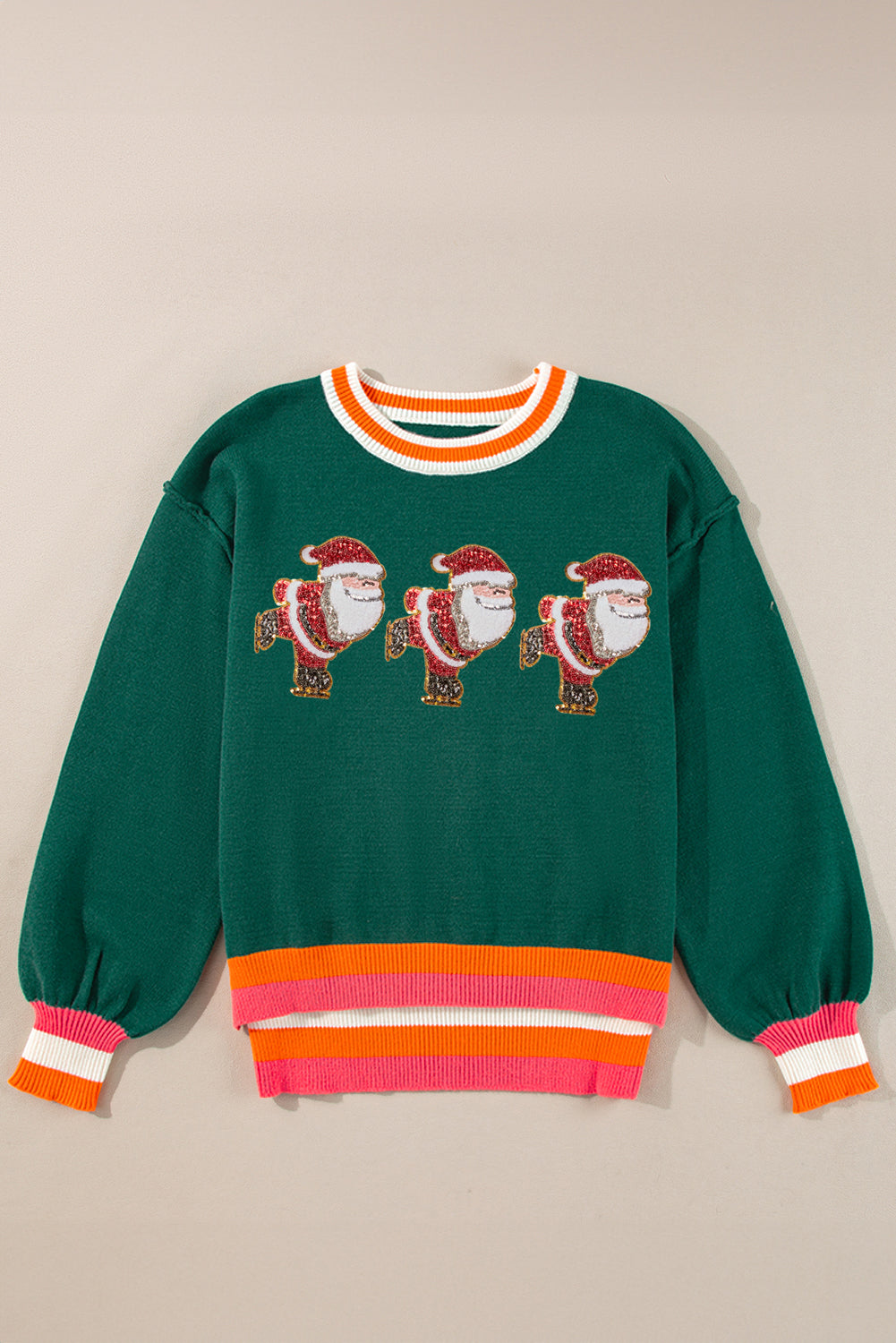 Crew neck sweater with striped trim and glittery Santa motif in blackish green