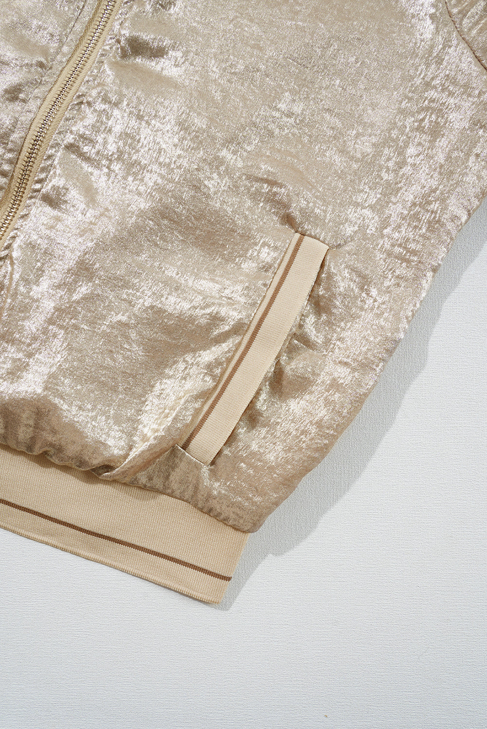 Metallic Pale Khaki Zip-Up Baseball Jacket