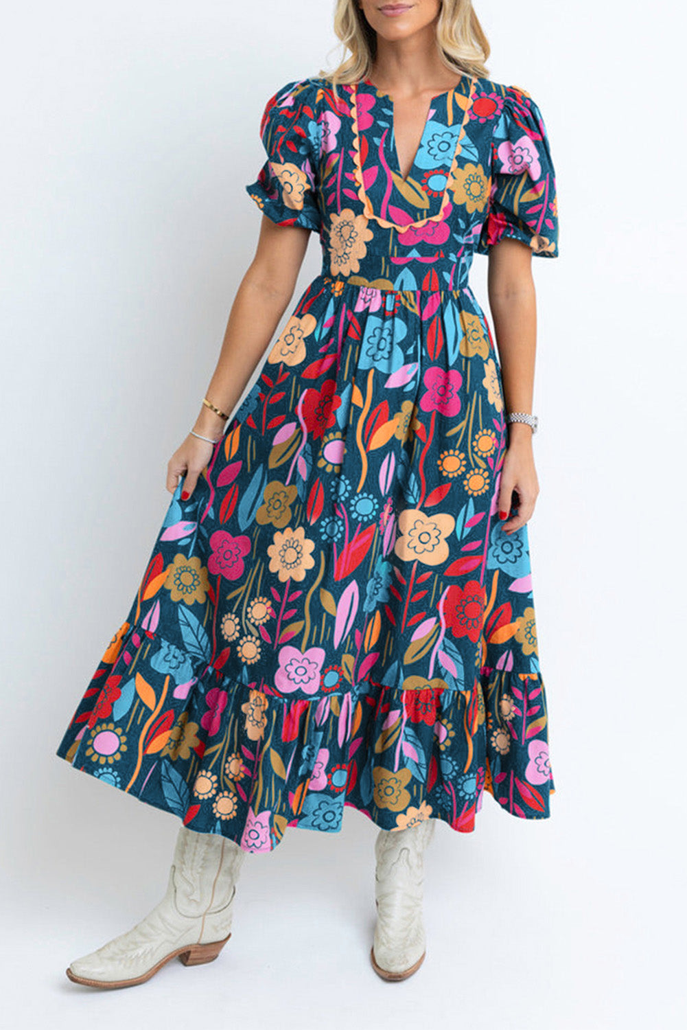 Robe longue verte rétro à imprimé floral et col fendu