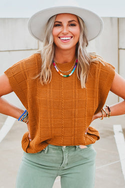 Textured sweater with short sleeves Chestnut Grid