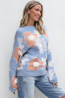 Pull tricoté à épaules tombantes et col rond à fleurs Beau Blue