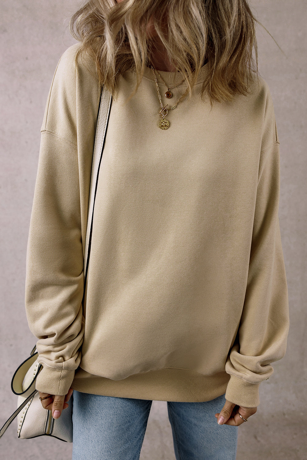 Parchment Solid Loose Crew Neck Fleece Sweatshirt