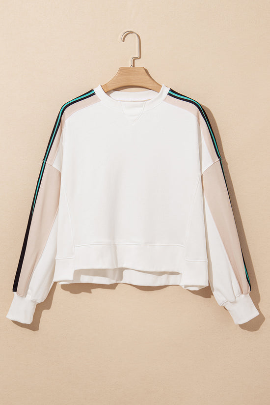 White Active Loose Fit Striped Color Block Sweatshirt with Exposed Seams