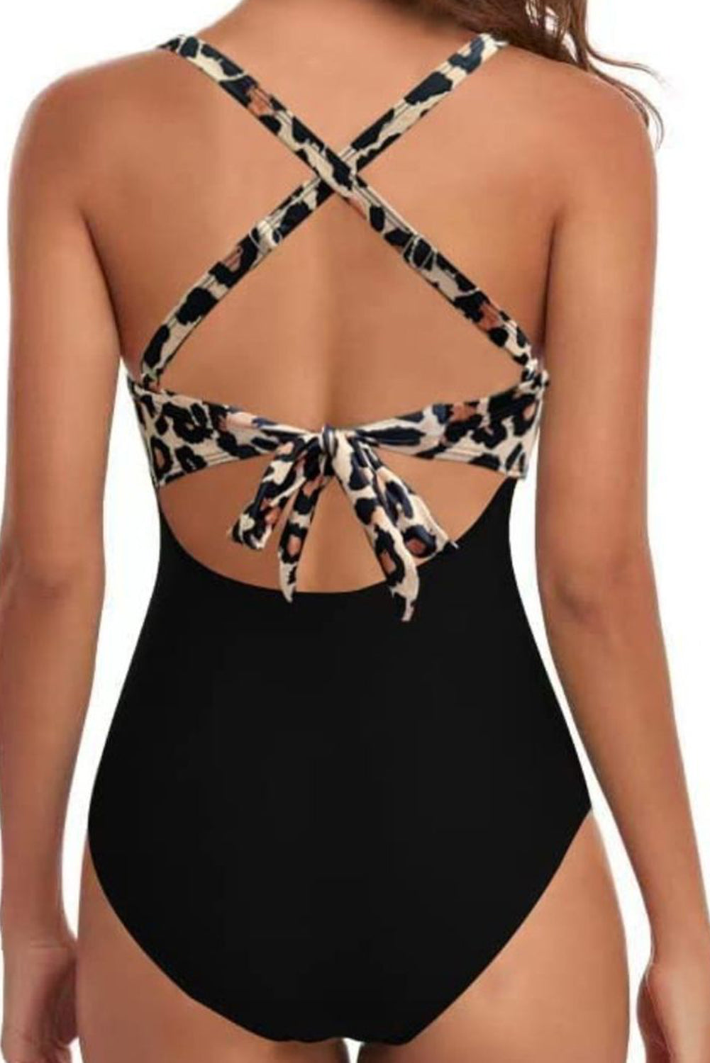 Monokini noir léopard 2 tons à découpes croisées et dos nu