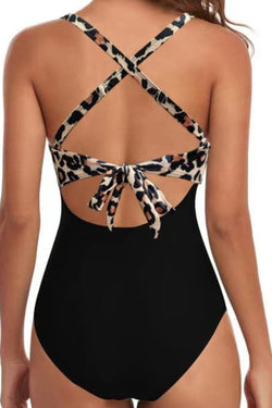 Black leopard monokini 2 tones with crossed and back cuts