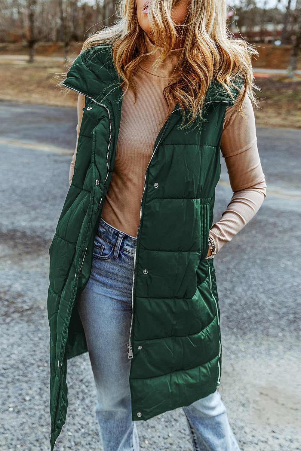 Manteau gilet matelassé long à capuche vert