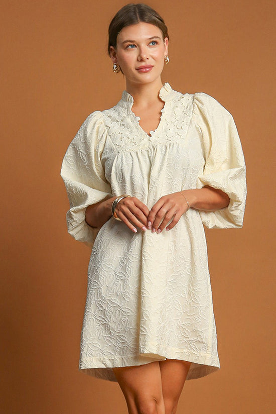 White textured floral dress, bubble sleeves, ruffles, notched collar