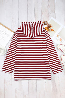 Burgundy Striped Drawstring Hoodie with Kangaroo Pocket