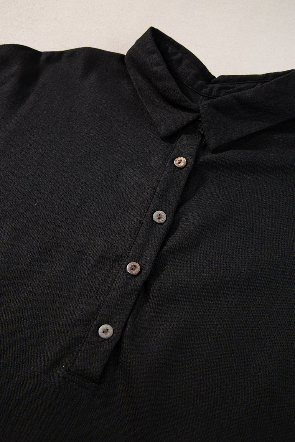 Black Collared Half Buttons Folded Short Sleeve Oversize Top