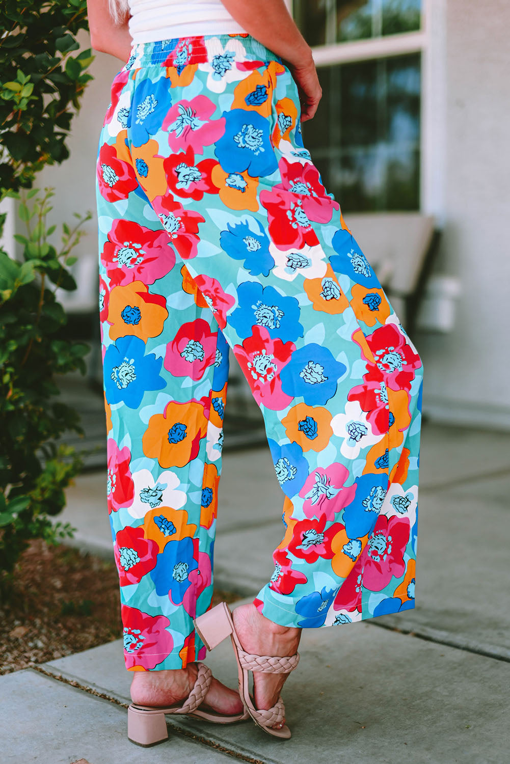 Pantalon multicolore à taille large et imprimé floral abstrait avec cordon de serrage