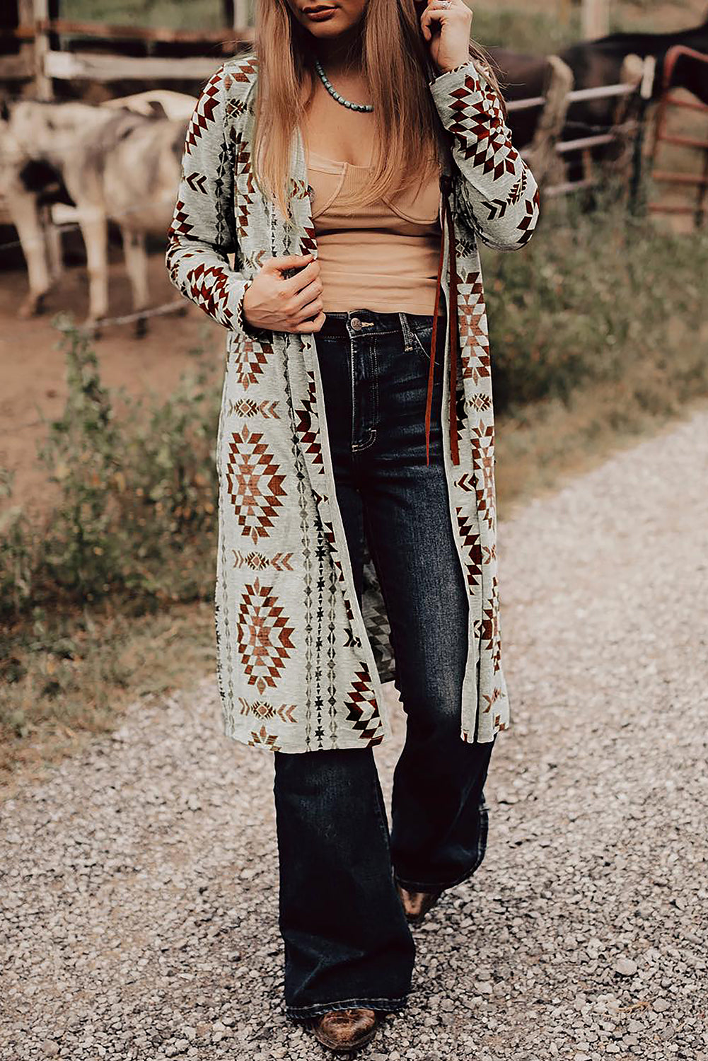 Brown Aztec Western Print Open Front Long Cardigan